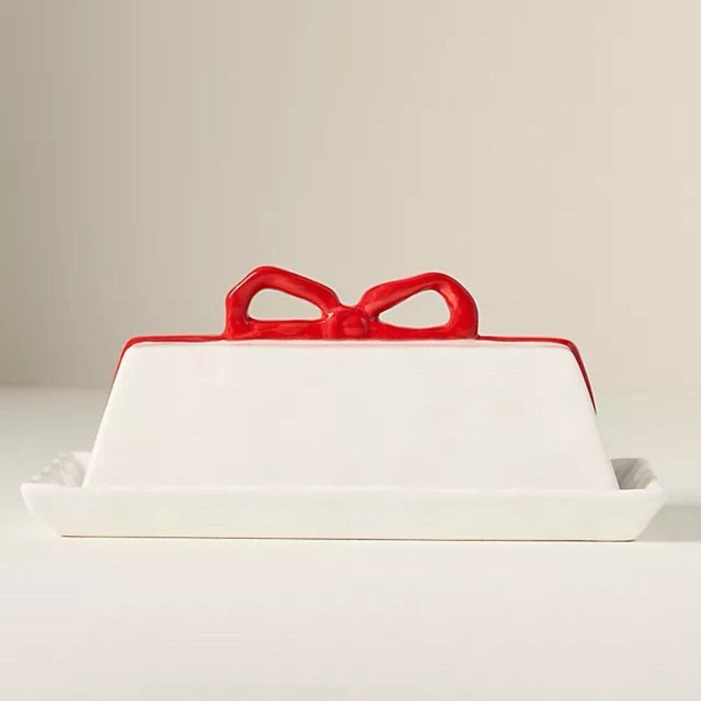 Anthropologie Benedita Bow Ceramic Stoneware Butter Dish Red Ribbon Ivory New